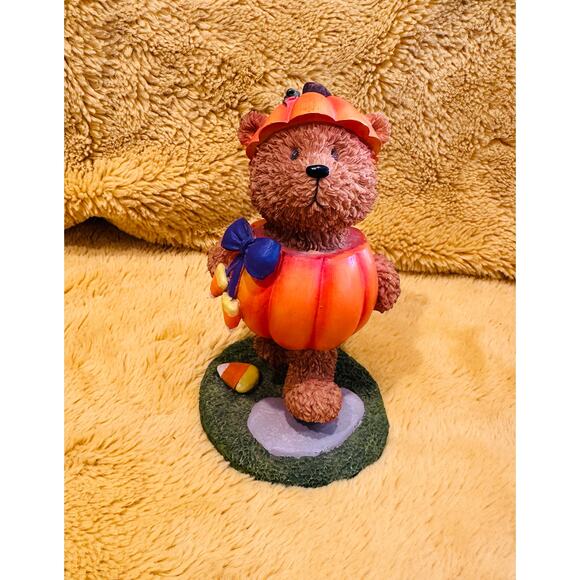 Vtg Halloween Resin Teddy Bear Figurine Wearing PUMPKIN Costume 7" Tall Decor - Picture 1 of 7